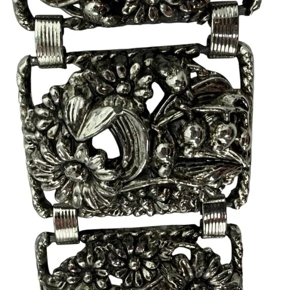 Vintage Sarah Coventry Floral SilverTone Panel Bracelet Antique Garden Sunflower - Picture 11 of 13